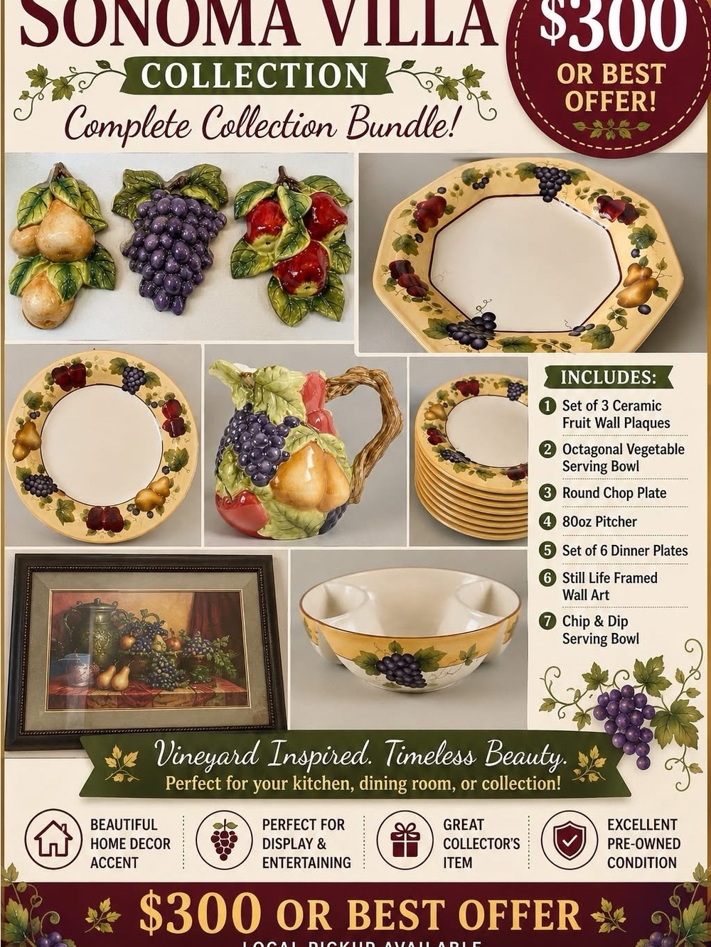 Home Interiors Yellow Vineyard Fruit Ceramic Dinnerware Set